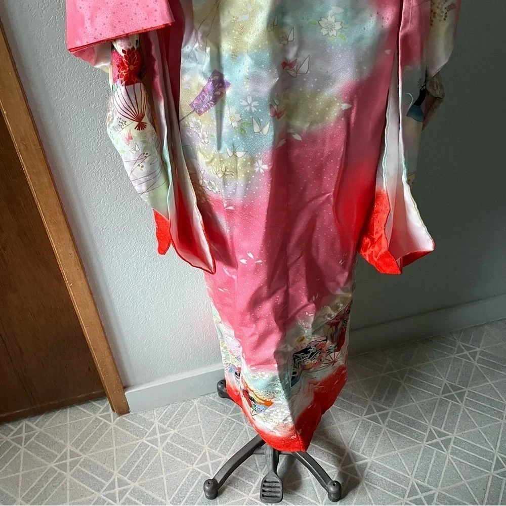 VINTAGE Girl's Pink Kimono Butterflies Flowers Ombre w/ Orange Tie - Picture 2 of 16